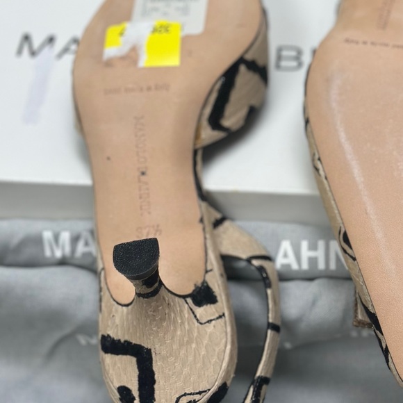 Manolo Blahnik tan and black leather and velvet jewled slingback kitten heel. - Picture 8 of 13